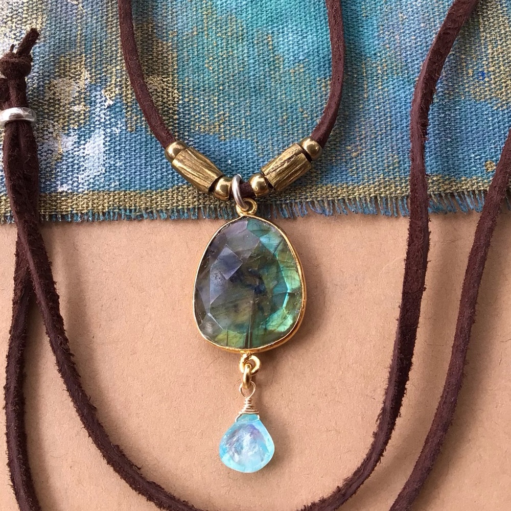 Natural Labradorite Aquamarine leather suede cord Sundance Charm Necklace SALE